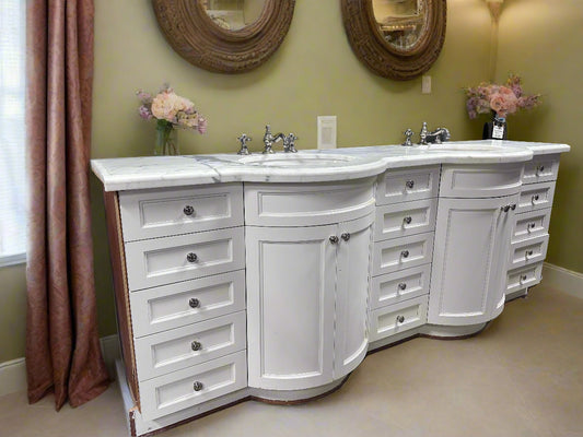 Double sink vanity with white Carrara marble countertop