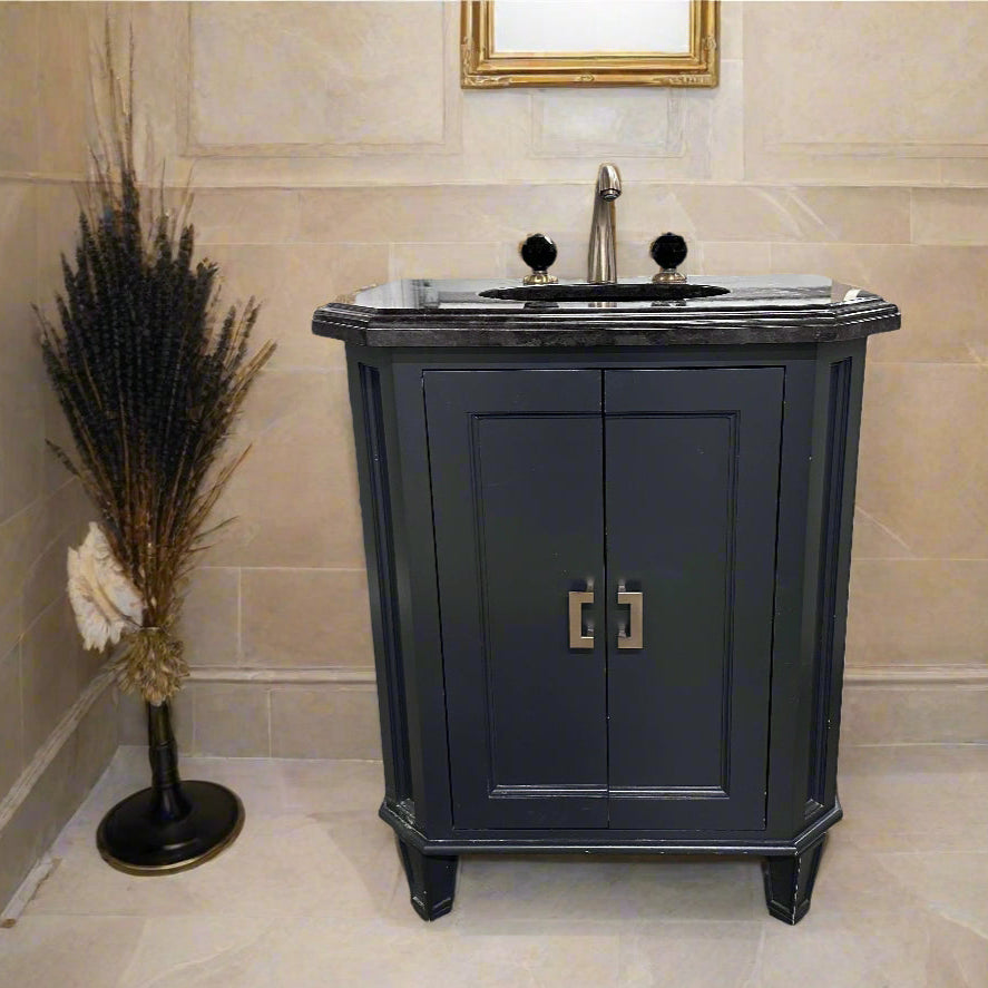Black vanity with Jorger Florale widespread lavatory faucet and black crystal knobs