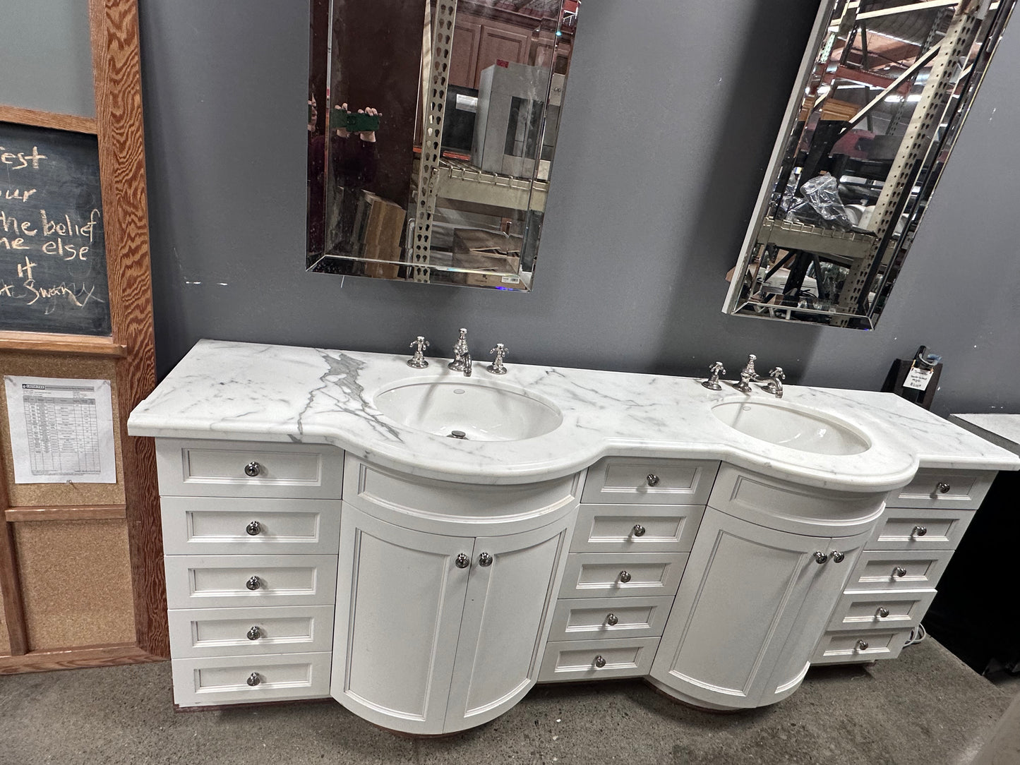 Double sink vanity with white Carrara marble countertop