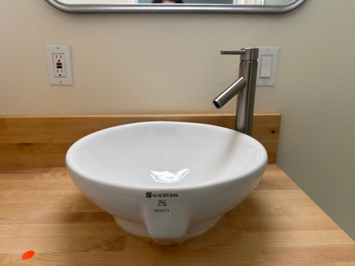 Glacier Bay Faucet and Vessel Sink on Butcher Block Vanity Countertop