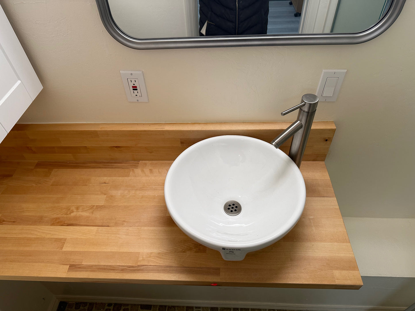 Glacier Bay Faucet and Vessel Sink on Butcher Block Vanity Countertop