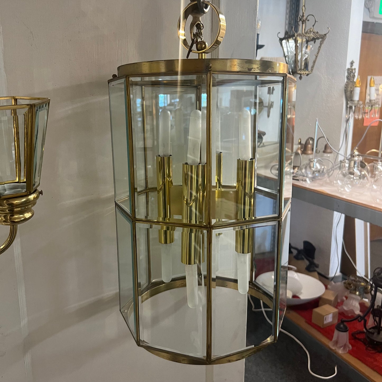 Mid Century Brass 2-Story, 8-Arm Chandelier