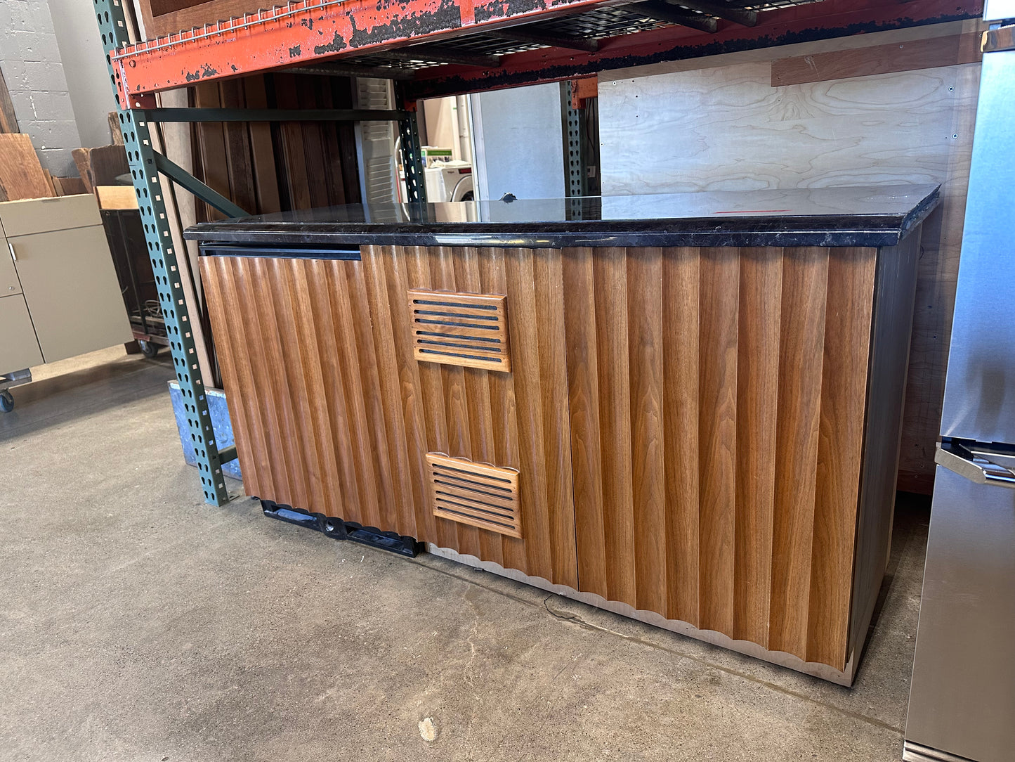 Bar cabinet with Uline beverage fridge and open shelves