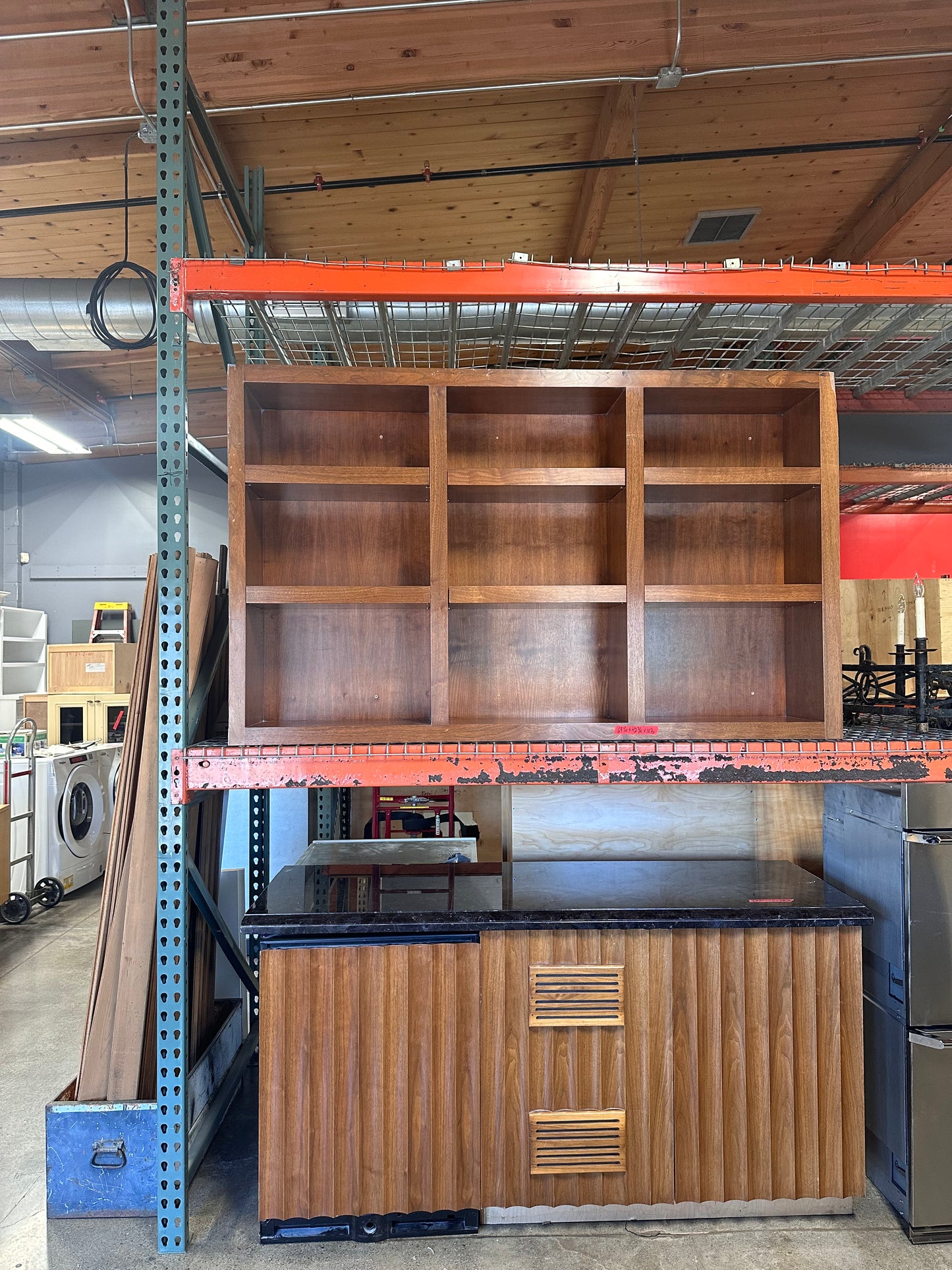 Bar cabinet with Uline beverage fridge and open shelves