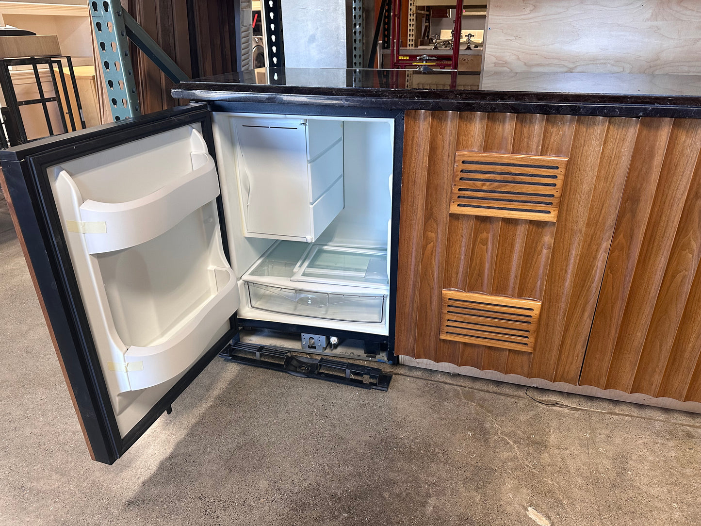 Bar cabinet with Uline beverage fridge and open shelves