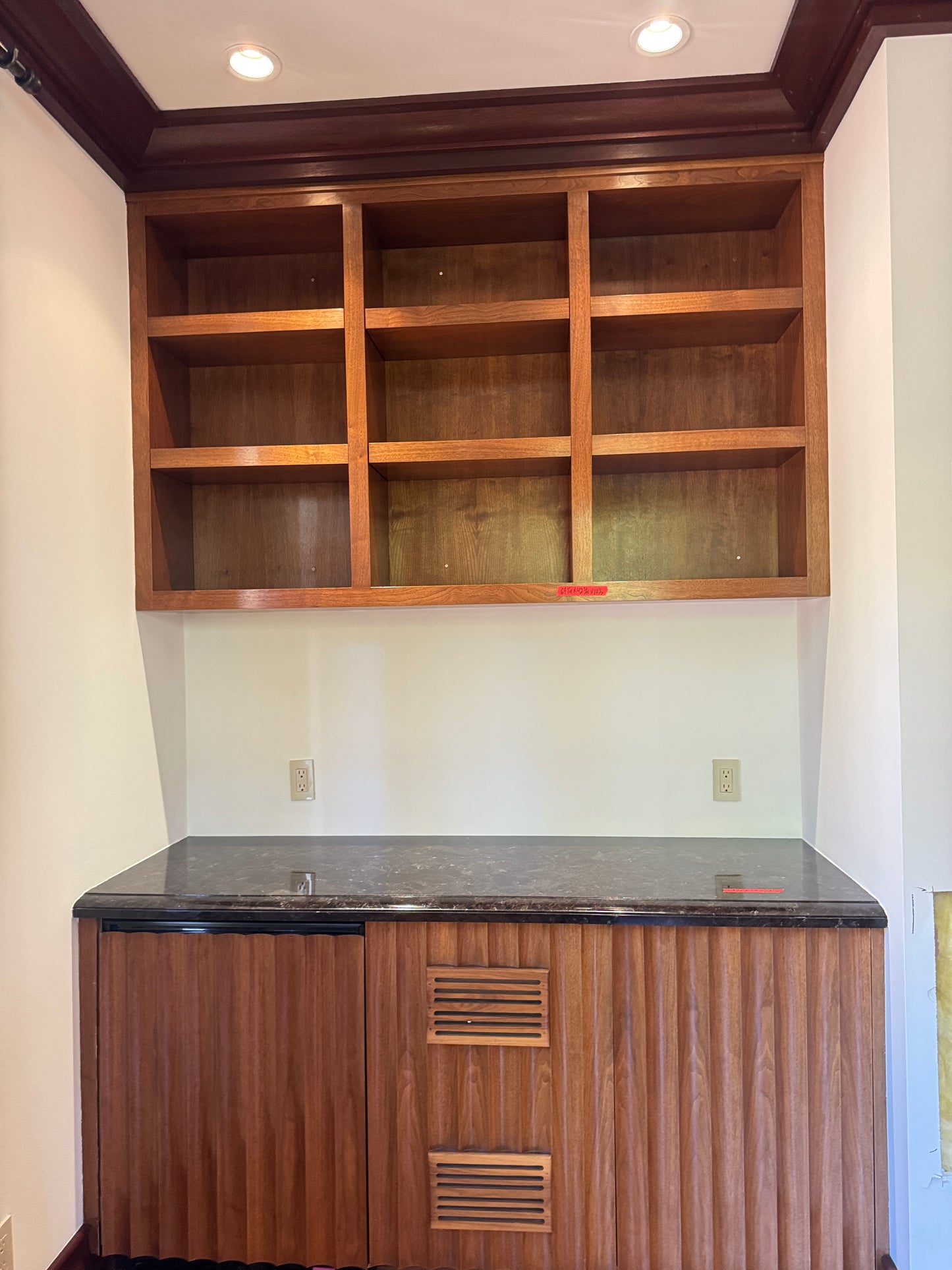 Bar cabinet with Uline beverage fridge and open shelves