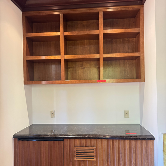 Bar cabinet with Uline beverage fridge and open shelves