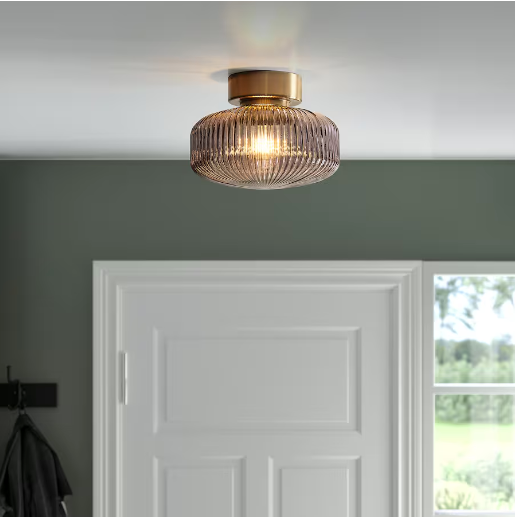 IKEA Brass/Gray Clear glass flush mount ceiling light.